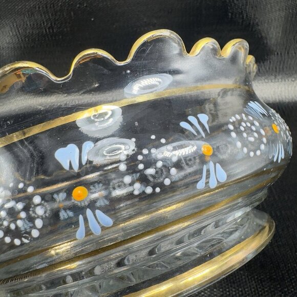 Antique Enameled Paint Large Glass Bowl Dish Gold Painted Edge Manganese 365nm - Picture 11 of 16